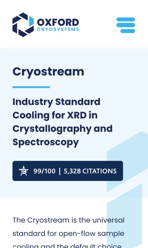 Oxford Cryosystems web design on a mobile device showing BIOZ citations